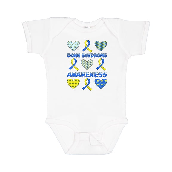 Inktastic Down Syndrome Awareness Blue and Yellow Ribbons and Hearts Boys or Girls Baby Bodysuit