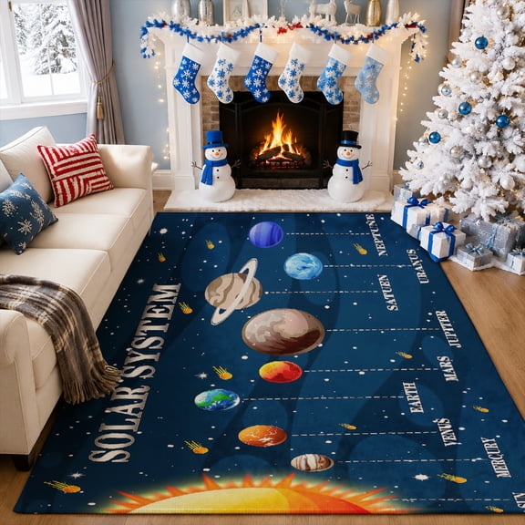 Gelasgo Solar System Learning Velvet Area Rug, Planet Space Educational Decorative Carpet, Soft Indoor Floor Mat for Kids Room Bedroom Nursery Classroom Home Decor