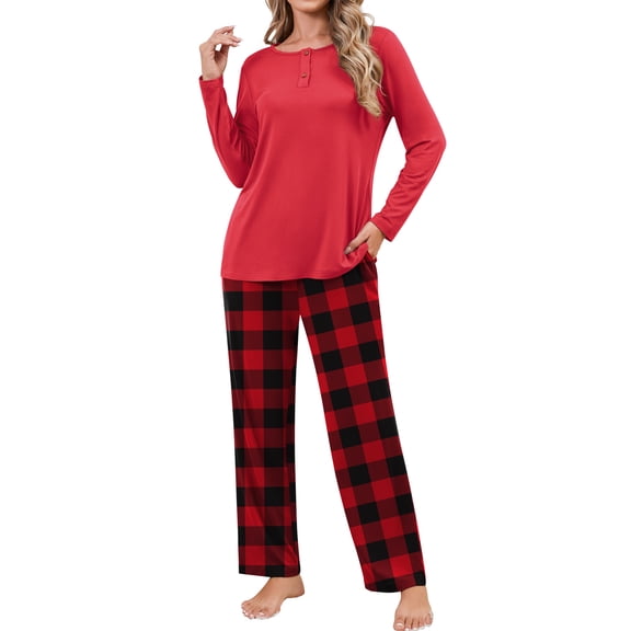 Qylux Women's Pajama Long Sleeve Adjustable Long Pants Sleepwear Set Soft Two Piece Matching Set with Pockets,Red Grid,XL
