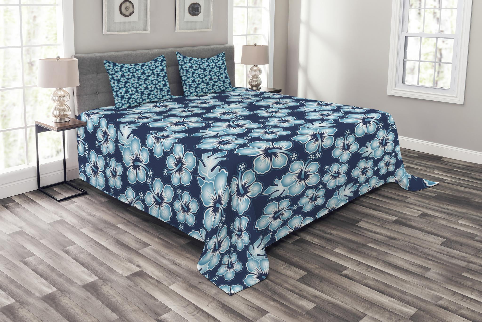 Navy Bedspread Set King Size, Hibiscus Hawaiian Tropical Island Flowers