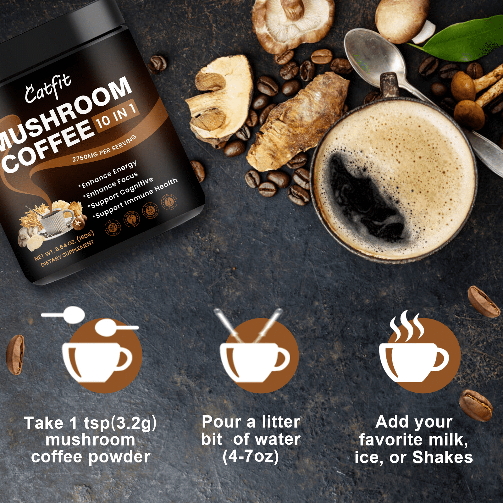 (2 Pack) Mushroom Coffee Powder 2750 mg, 10-in-1 Mushroom Complex Supplement 160g (5.64 oz), By Catfit
