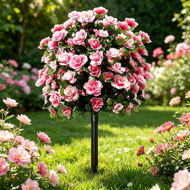 Árbol artificial, rododendro con estaca falsa decoración exterior para jardín y patio, arreglo floral plástico realista resistente a la intemperie