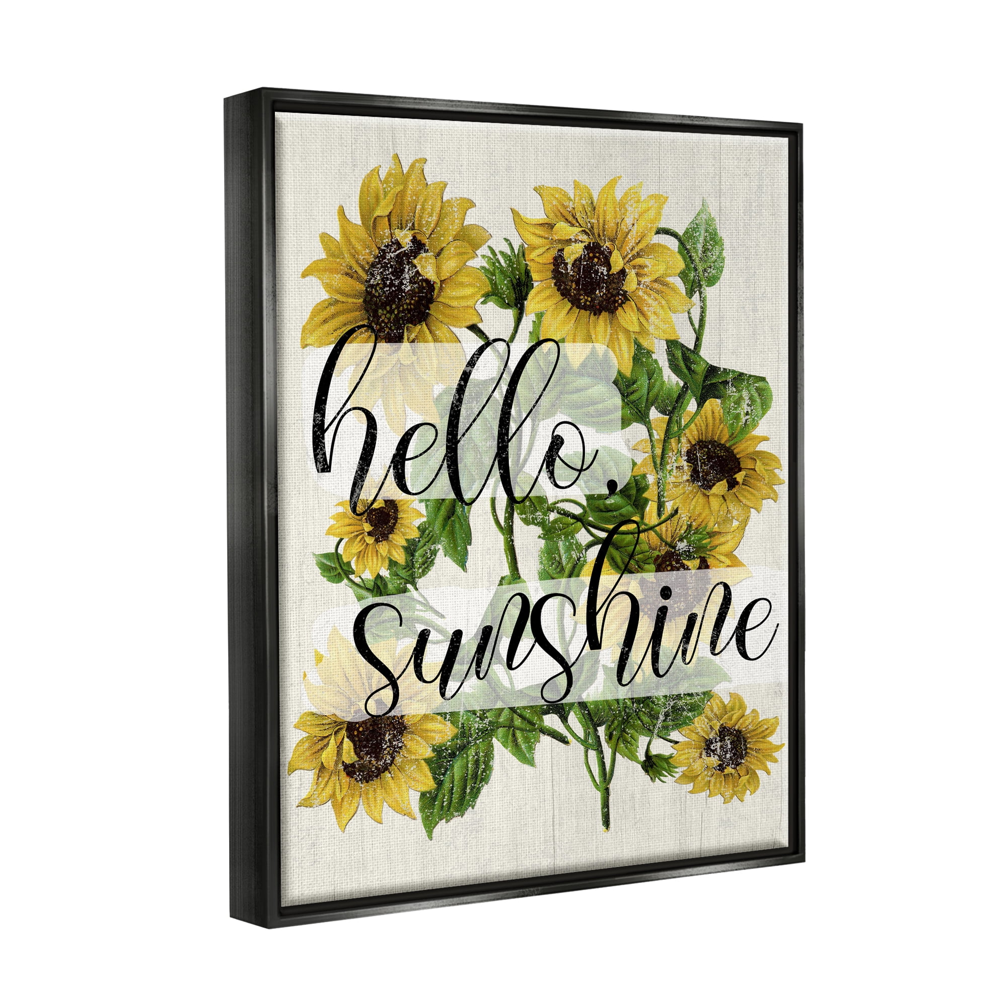 Stupell Industries Vintage Painted Sunflowers with Hello Sunshine Text Jet Black Framed Floating Canvas Wall Art, 16x20, by Daphne Polselli