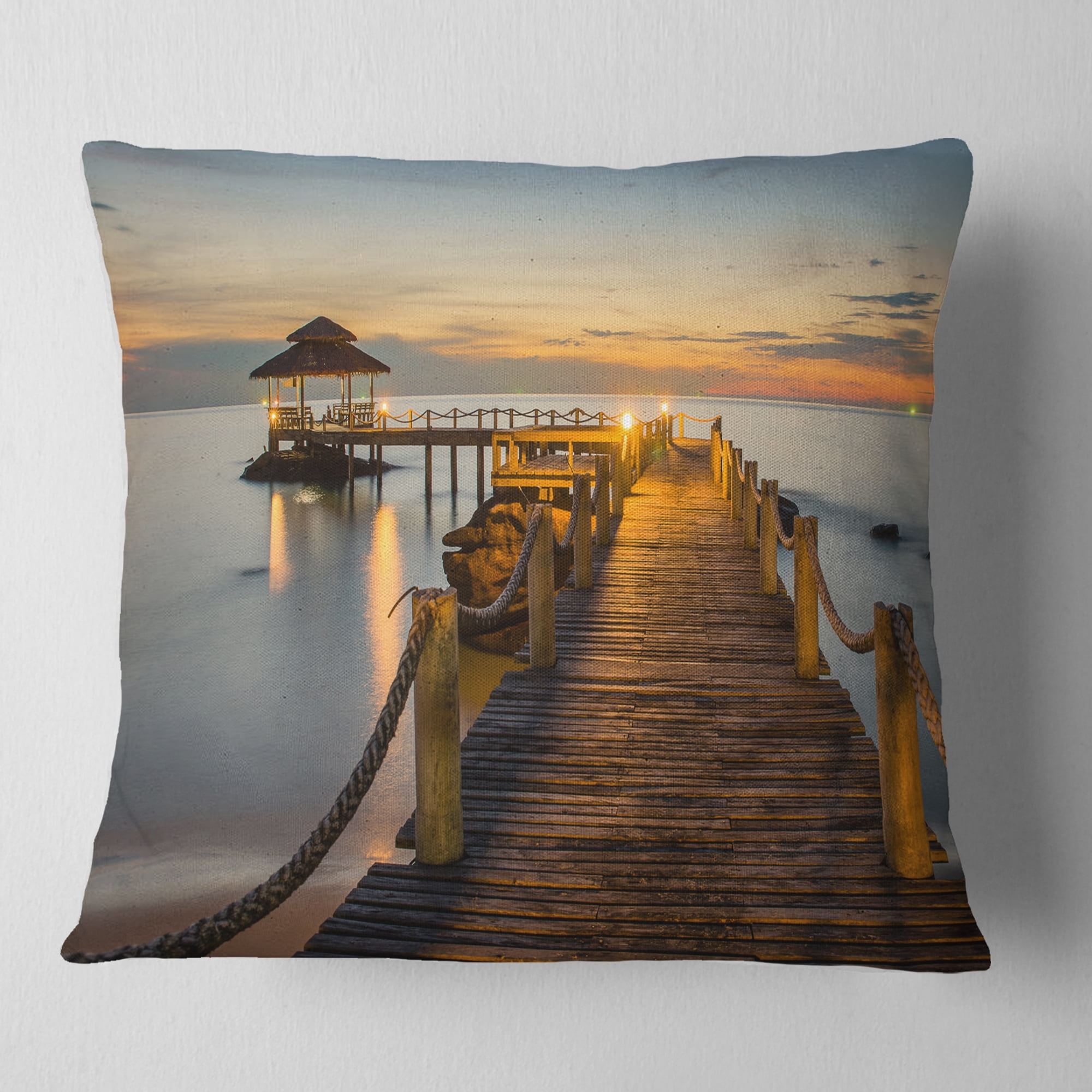 Designart Brown Wooden Pier in Evening - Seashore Photo Throw Pillow - 16x16