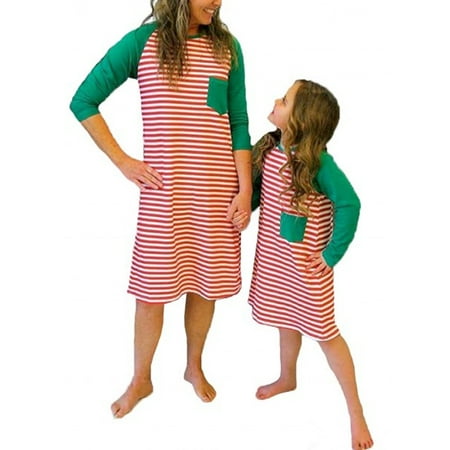 

Christmas Mother Daughter Casual Fall Winter Red Striped Dress Pajamas Family Matching Nightgown Dress
