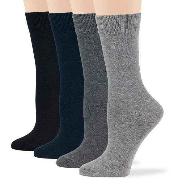 7BIGSTARS KINGDOM Women's Cotton Dress Socks - 4 Pack Medium - Thin Solid Casual Crew, Black, Dark Navy, Grey, Dark Grey , Sock Size 9-11 Shoe Size 5-9 M