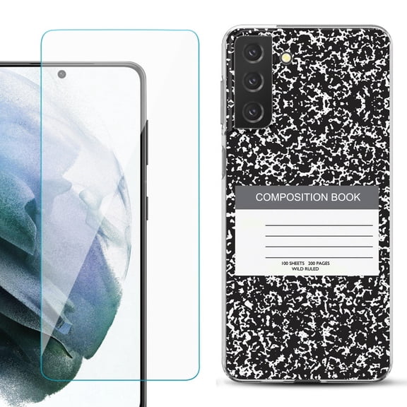 Slim-Fit TPU Fashion Phone Case for Samsung Galaxy S21 FE 5G Fan Edition, with Tempered Glass Screen Protector, by OneToughShield ® - Composition Book