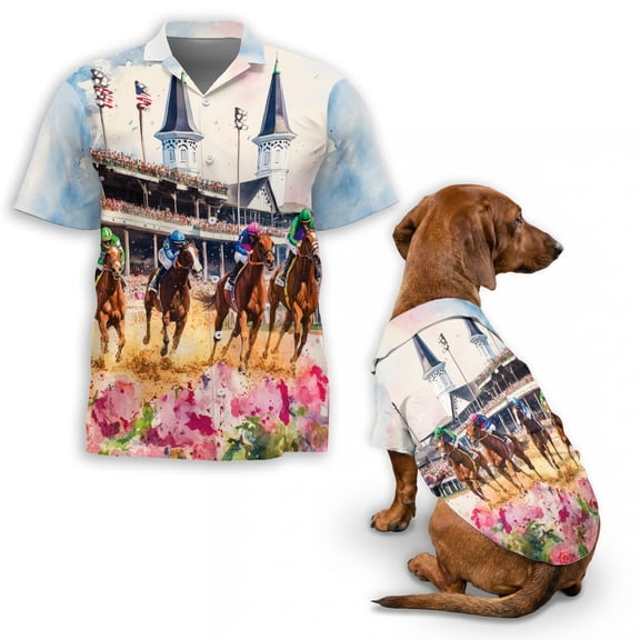 Horse Racing Hawaiian Shirt for Men and Dogs, Kentucky Derby Horse Race Aloha Shirt, Summer Beach Shirt with Matching Pet Outfit