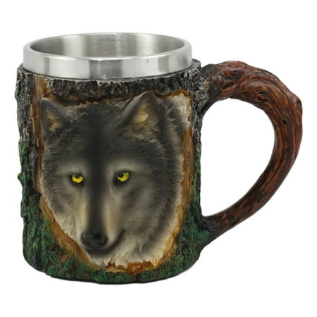 Animal Coffee Cups Ebros Totem Spirit Alpha Gray Wolf Mug Textured With Rustic Tree Bark Design In Vivid Colors 12oz Animal Timberwolf Drink Beer Stein Tankard Coffee Cup ()