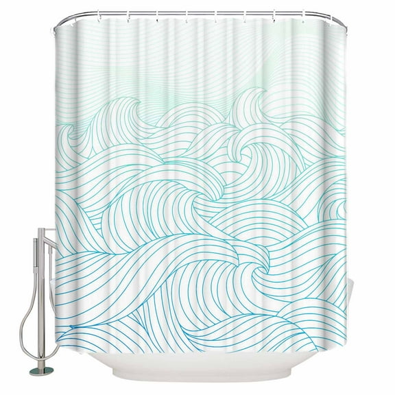 Extra Long Shower Curtain 72x84 Inch, Coastal Ocean Shower Curtain Waterproof Bathroom Decor Modern Minimalist Sea Waves Striped Art Fabric Bath Curtain Set Accessories with Hooks