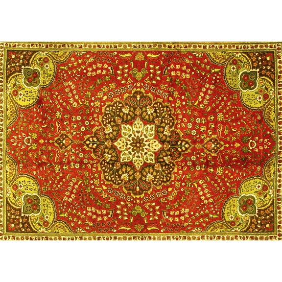 Ahgly Company Machine Washable Indoor Rectangle Persian Yellow Traditional Area Rugs, 5' x 7'
