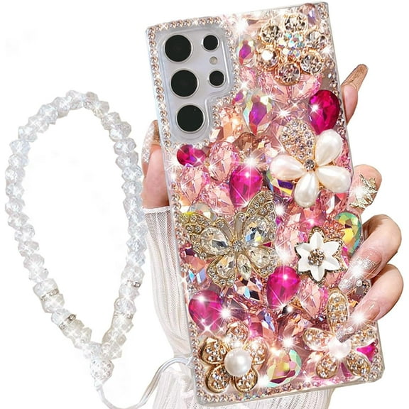 for Samsung Galaxy S25 Ultra Case with Lanyard Wrist Strap Women Luxury 3D Bling Rhinestone Diamond Crystal Pearl Handmade Flowers Soft Protective Glitter Case for Galaxy S25 Ultra (Hot Pink)