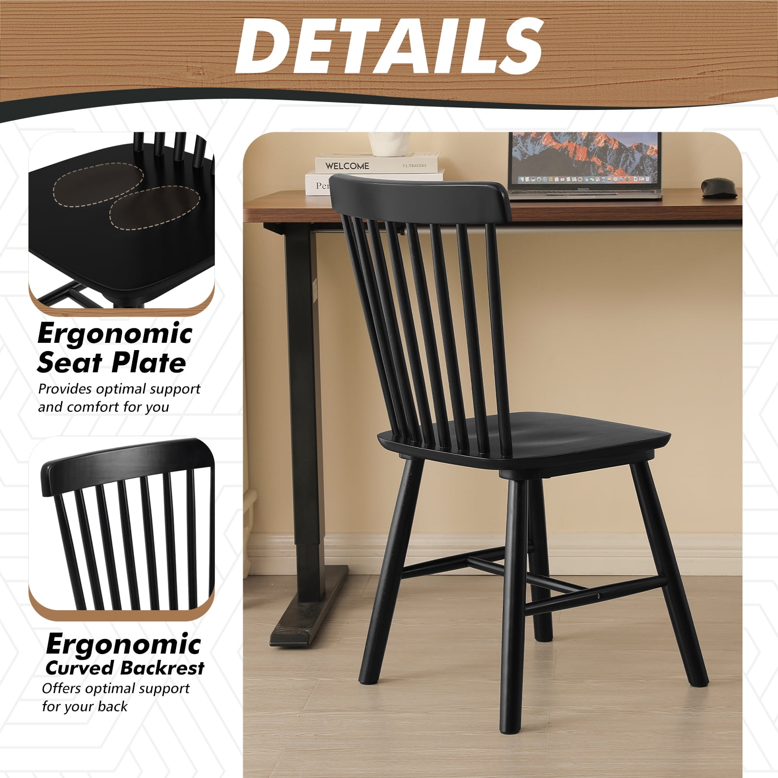 ClinQ Wooden Windsor Dining Chair Set of 4, Spindle Back, Armless, Farmhouse Kitchen and Dining Room Seating, Black