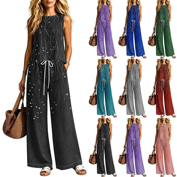 Sheghy Workout Sets for Women Plus Size Women All Over Print Crew Neck Sleeveless Top & Wide Leg Pocket Long Pants 2 Piece Outfit