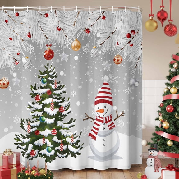 Grey Snowman Christmas Shower Curtain, Xmas Tree Ball Winter Snowflake Waterproof Fabric Shower Curtains with 12 Hooks, Bathroom Curtain Set for Bathroom Accessories Decor, 60 x 72 Inches