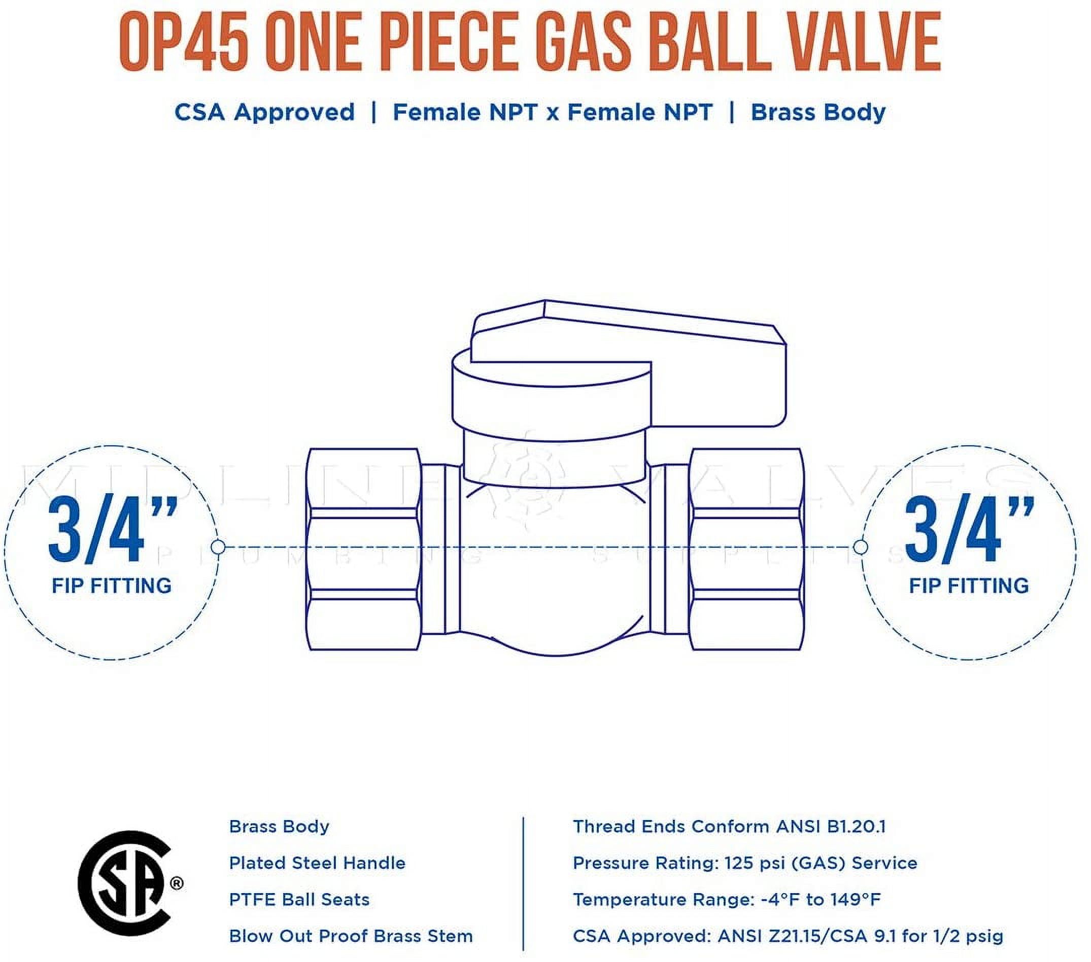 Midline Valve 1PC34-5 Superior One Piece Gas Ball Valve, 3/4 in. FIP Connections, Brass (Pack of 5)