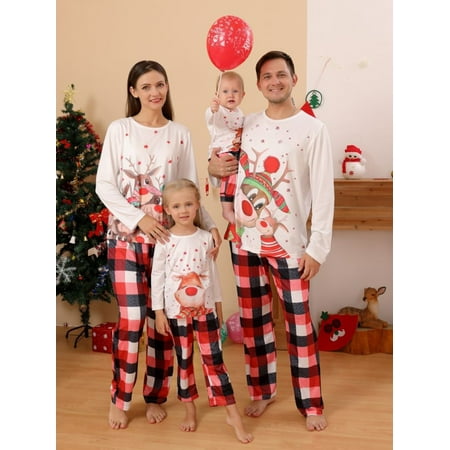 

Matching Family Christmas Pajamas Sets Long Sleeve Elk Print Tops Plaid Pants