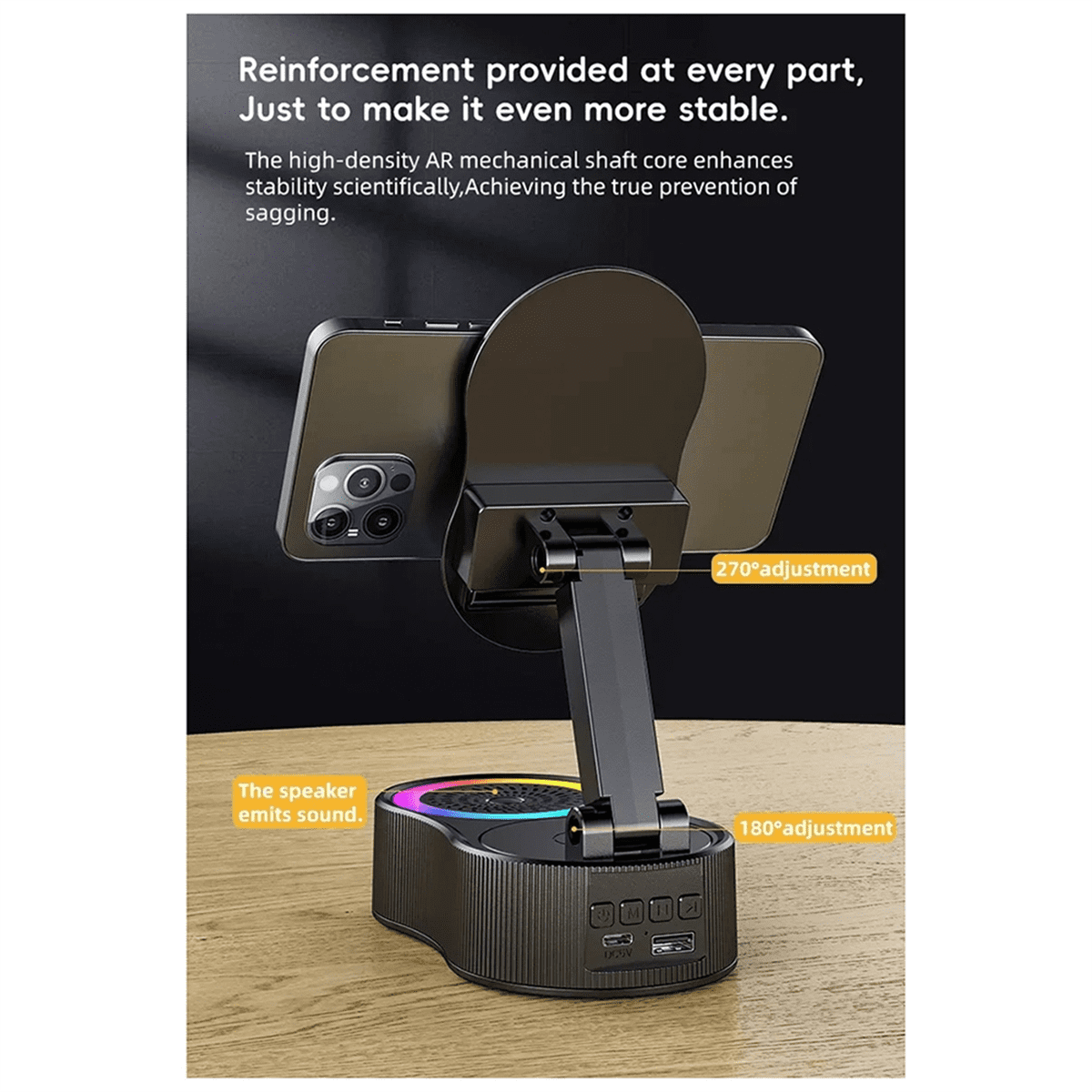 Upgraded Desk Phone Stand Adjustable Portable RGB Mount with Microphone Speaker for Counter Vanity Nightstand Travel Car,1 * Desk Phone Stand,Black