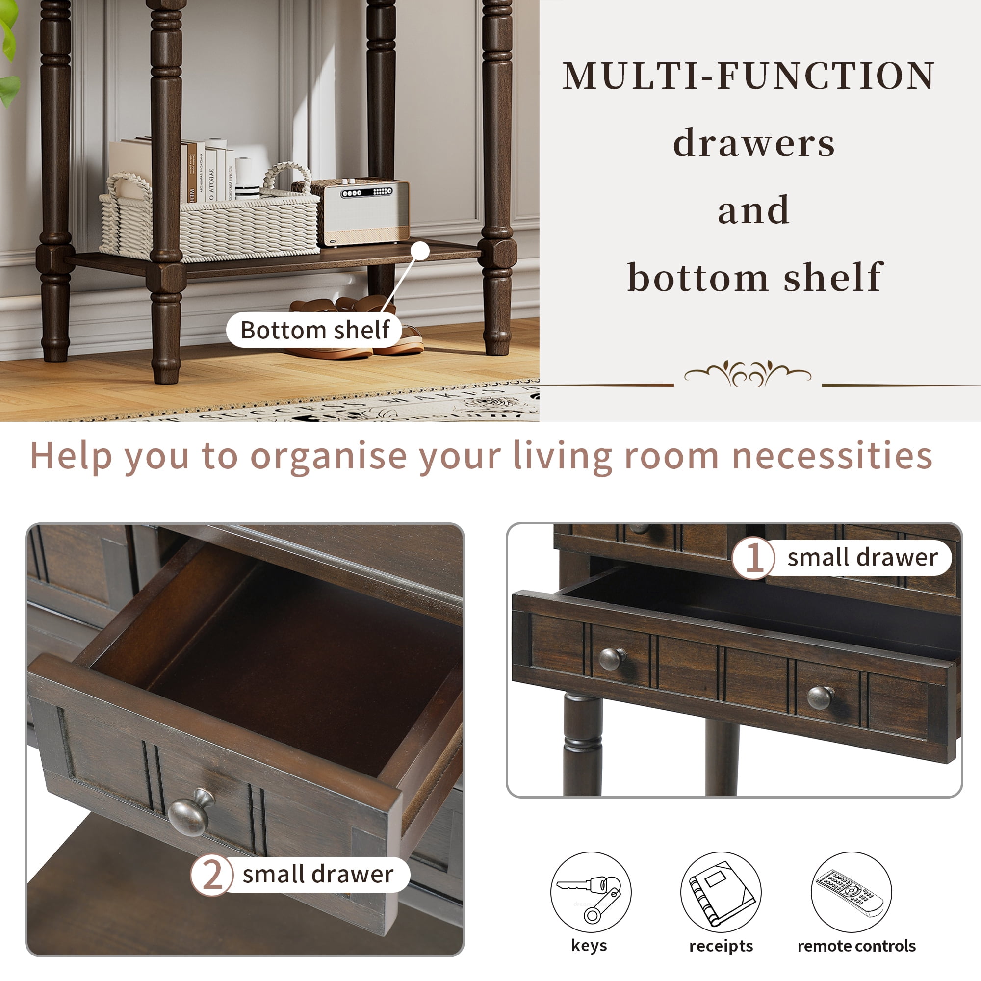 Euroco 23.7" Farmhouse Console Table with 3 Drawers, Narrow Sofa Table, Wood Entryway Table with Bottom Shelf for Living Room, Foyer,Brown