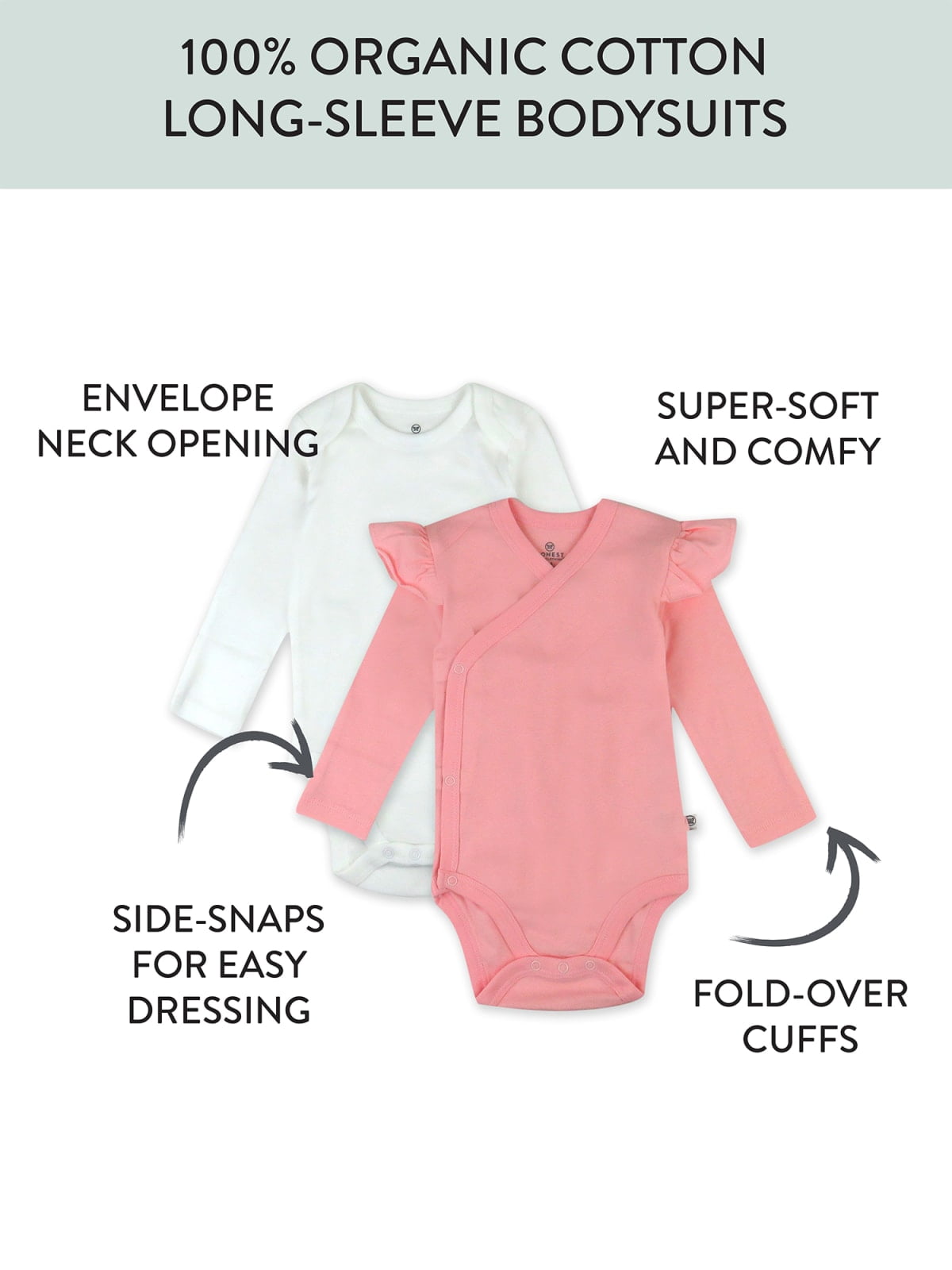 Honest Baby Clothing Organic Cotton Boy/Girl Long Sleeve and Ruffle Shoulder Side-Snap Bodysuit Set, Preemie to 12M