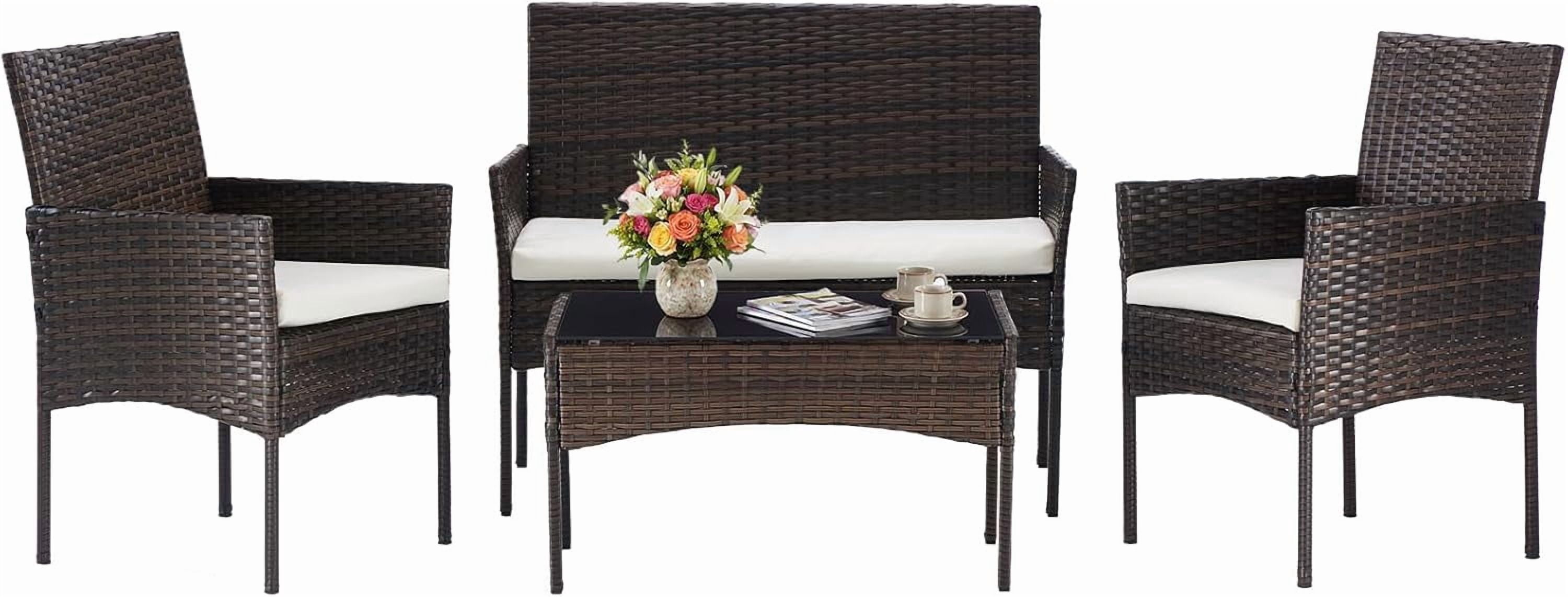 Simenmax 4 Piece Rattan Conversation Set, Outdoor Patio Furniture with Double Loveseat & 2 Single Chairs, Glass Coffee Table for Backyard, Poolside, Garden,Beige