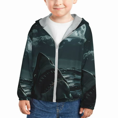 

Gaeub Moonlit Night Sky Shark Print Athletic Sun Protection Hoodie for Kids Long Sleeve Outdoor UV Shirt Running Fishing Top for Boys Girls-3 Years
