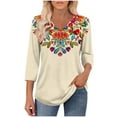 thumbnail image 5 of CYMMPU Floral Printed 3/4 Length Sleeve Summer Fall Vintage Shirts Business Work Blouses Plus Size Tunic Tops V-Neck Basic Tees 2025 Clothes for Women Khaki M, 5 of 8