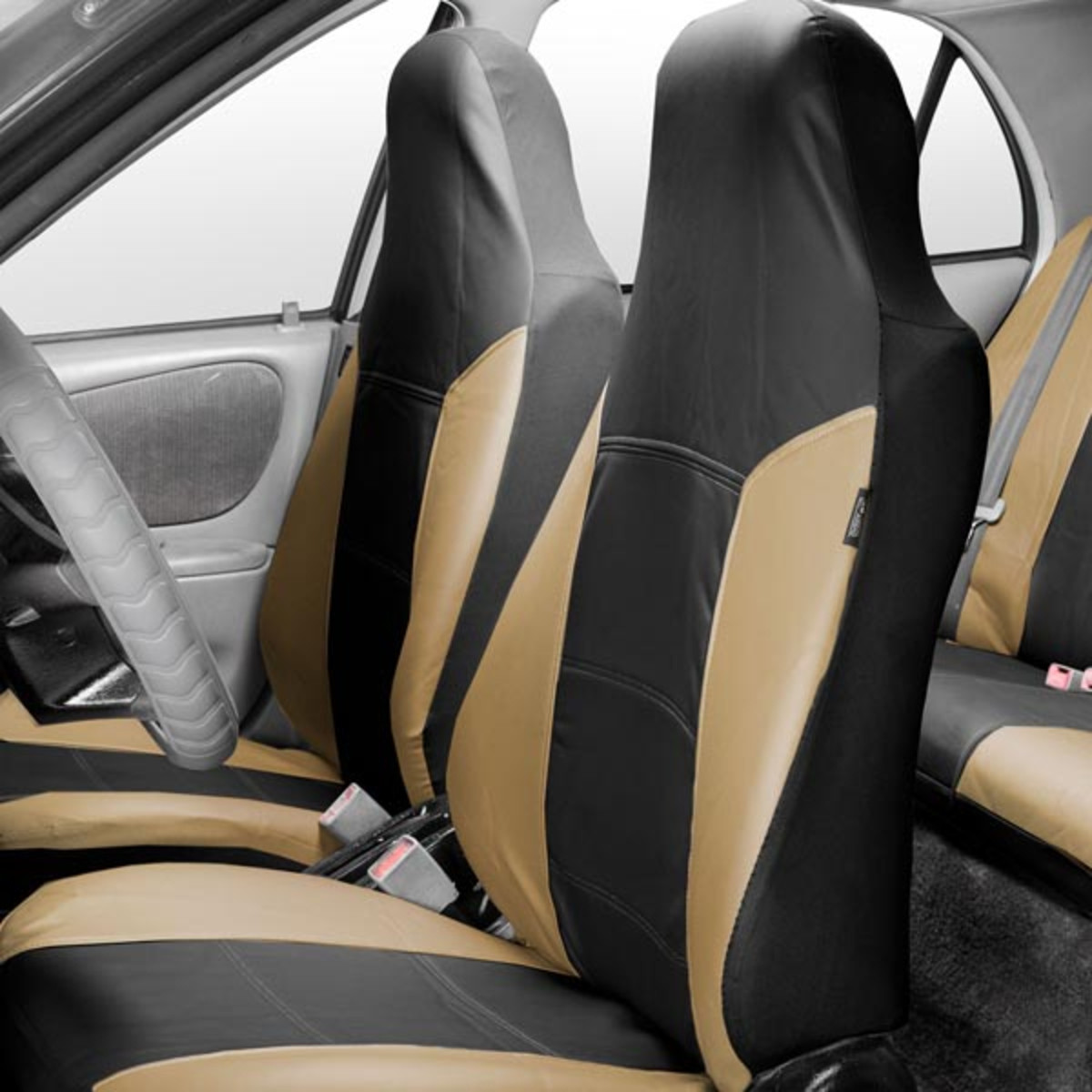 FH Group AFPU103BGEBLK115 Beige PU Leather Full Set Car Seat Cover with Air  Freshener