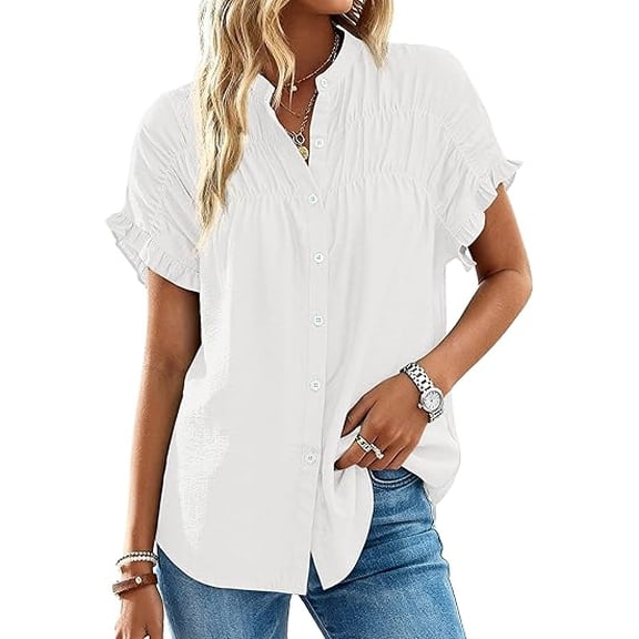 FreshPretty Womens Button Down Shirts Ruffle Short Sleeve Loose Summer Tops Dressy Casual V Neck Business Work Blouses