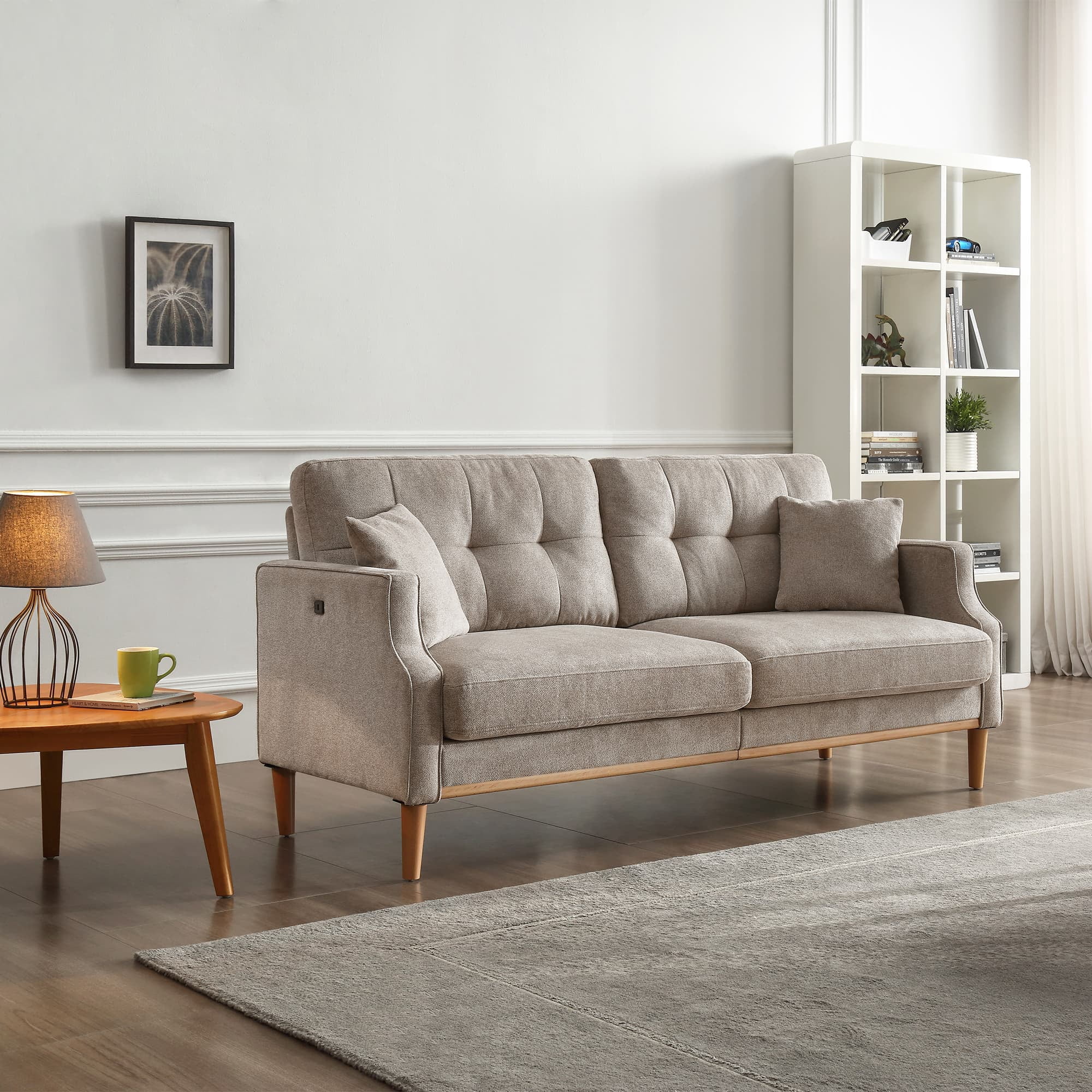 MAYEERTY Modern 3-Seater Sofa for Living Room with Waterproof Fabric and USB Charging Ports, 70*32*35"Cream