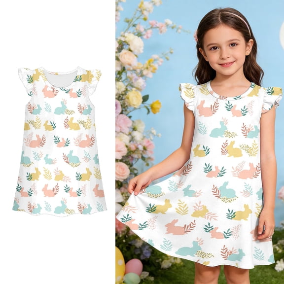 Easter Dress Girls Sleeveless Bunny Easter Egg Print Dress Crew Neck Midi Dress Girl Casual Dresses Girls 8-9 Years Outfits
