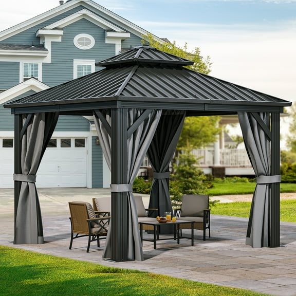 Dextrus 10' x 10' Gazebo, Aluminum Frame, Galvanized Steel Double Roof, Netting and Curtains, Gray