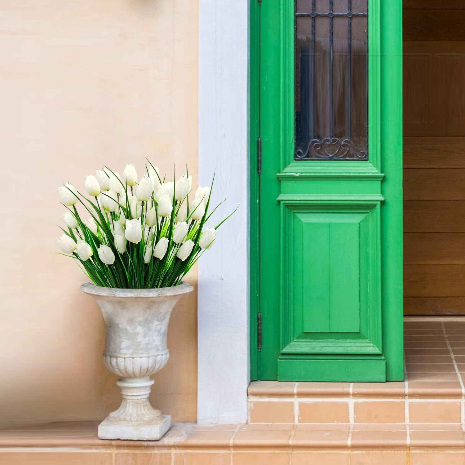 Morttic 8 Pcs Tulips Artificial Flowers for Outdoors, Fake Plants Faux Plastic Silk Floral Arrangement for Home Indoor Outside Table Vase Garden Spring Decor