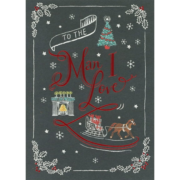 RSVP Man I Love Red Foil Lettering: White Chalk on Blackboard Christmas Card for Husband, Boyfriend, Partner