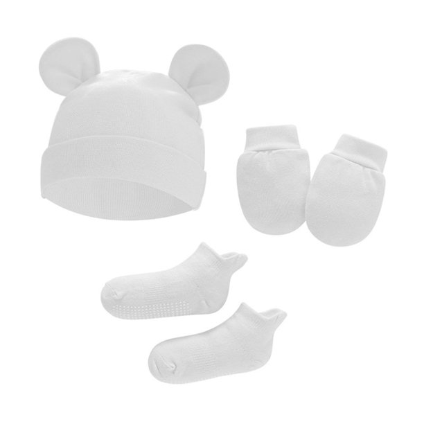 juego de guantes antiarañazos para bebé, gorro con nudo en la cola, funda para los pies, guantes de algodón suave para recién nacidos, calcetines, gorros y gorras, color blanco