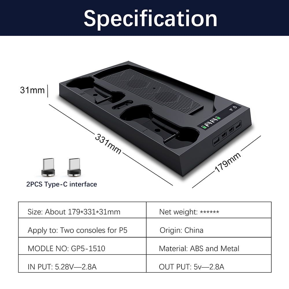 Multifunctional Cooling Stand for PS5 Digital & Disc Edition Game Consoles, Controller Charger, Headphone Hook Storage Holder Base Accessories-Black