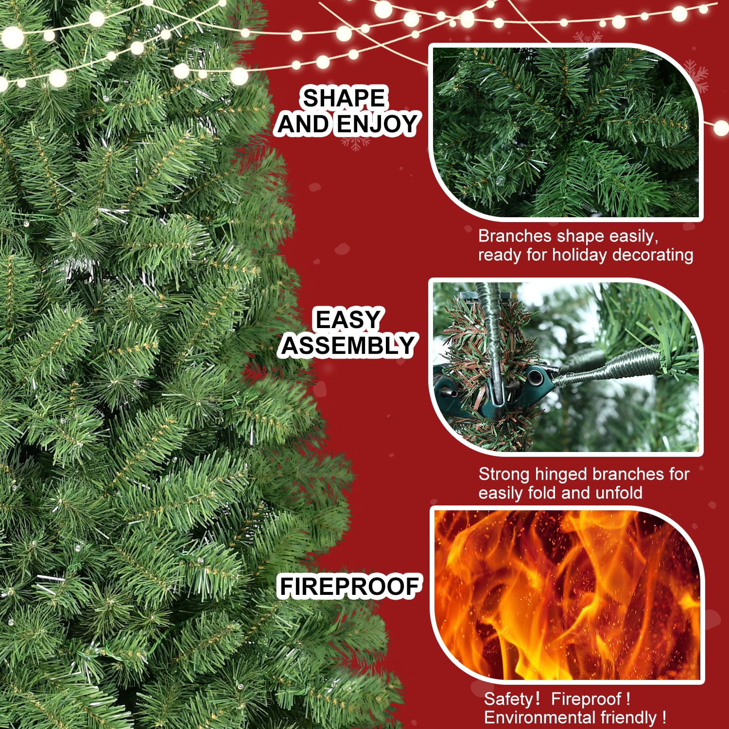 Euroco 9ft Christmas Tree with Memory Wire, 1910 Tips Hinged Artificial PVC Tree, Easy Setup Green Xmas Tree for Indoor Holiday Decoration
