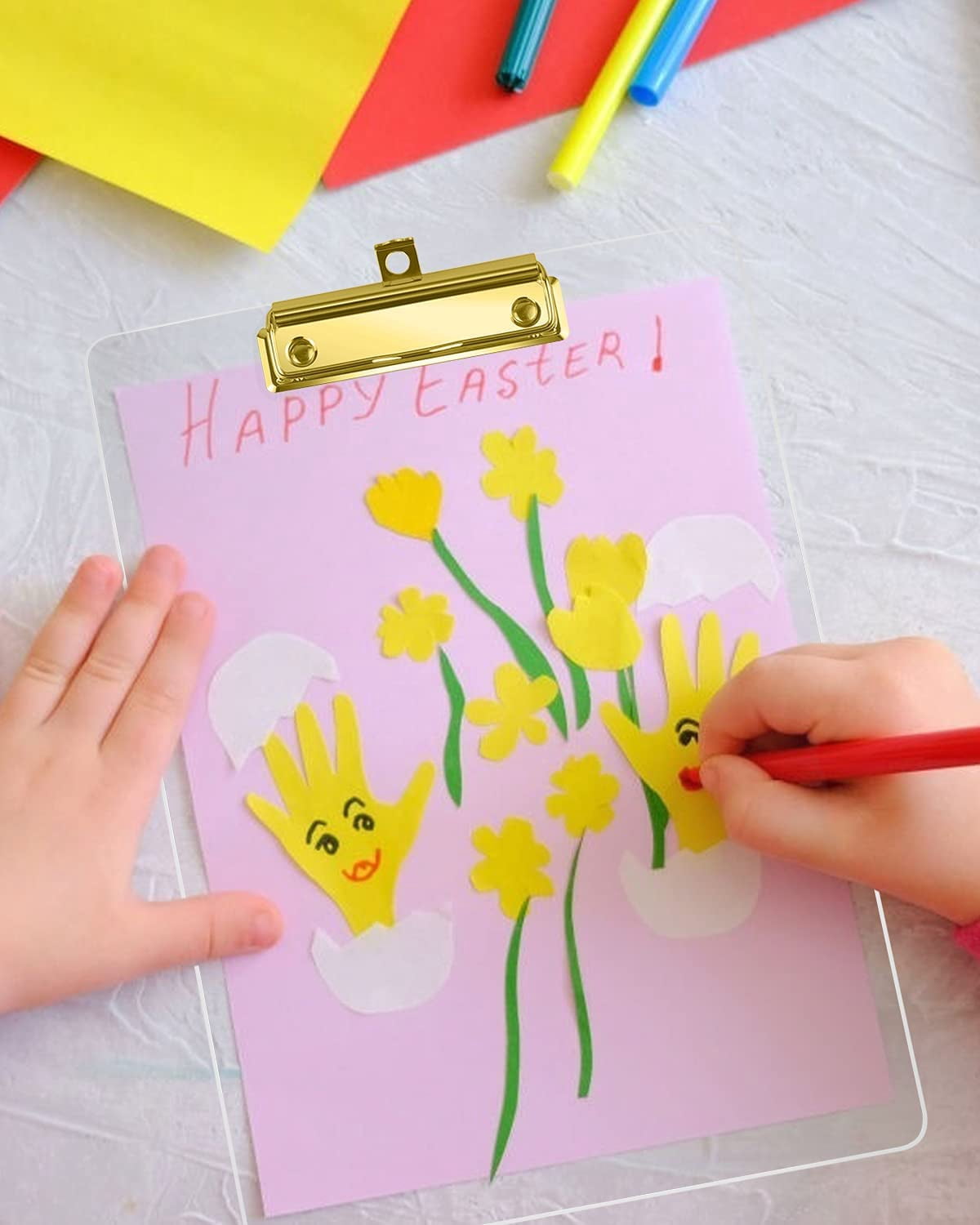 6 Pcs Thick Acrylic Clear Clipboards Cute Transparent Gold Clipboard with Strong Clip and Hidden Hanging Hole for A4 Paper, Art Student, Drawing, Office, School, Warehouse, Classroom