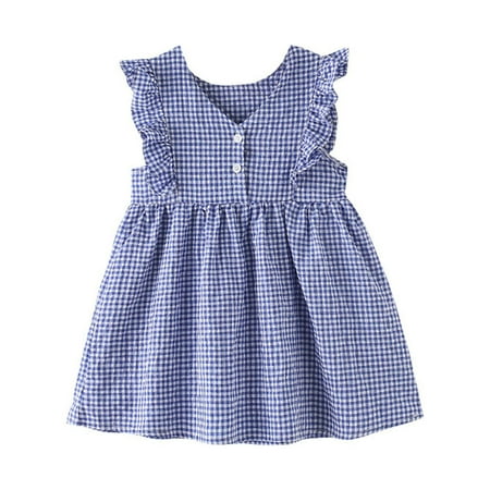 

HTGFGMGW Flower Girl Dresses Big Kids Girls Plaid Ruffle Sleeveless Dress Lace Up Pullover Round Neck Tank Dress Sundress Of Casual Dresses for Girls Blue