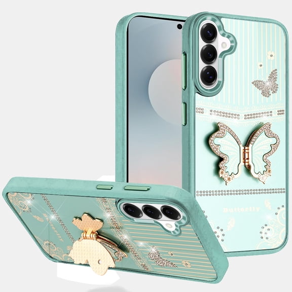 For Samsung s26 Splendid Glitter Butterfly Design Stand with Metallic Edges Hybrid Case - Teal