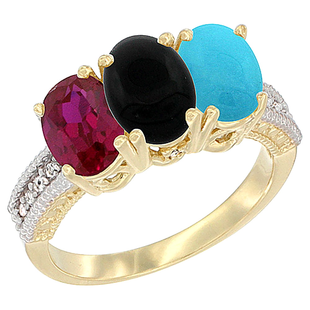 10K Yellow Gold Enhanced Ruby, Natural Black Onyx & Turquoise Ring 3-Stone Oval 7x5 mm, sizes 5 10 by WorldJewels