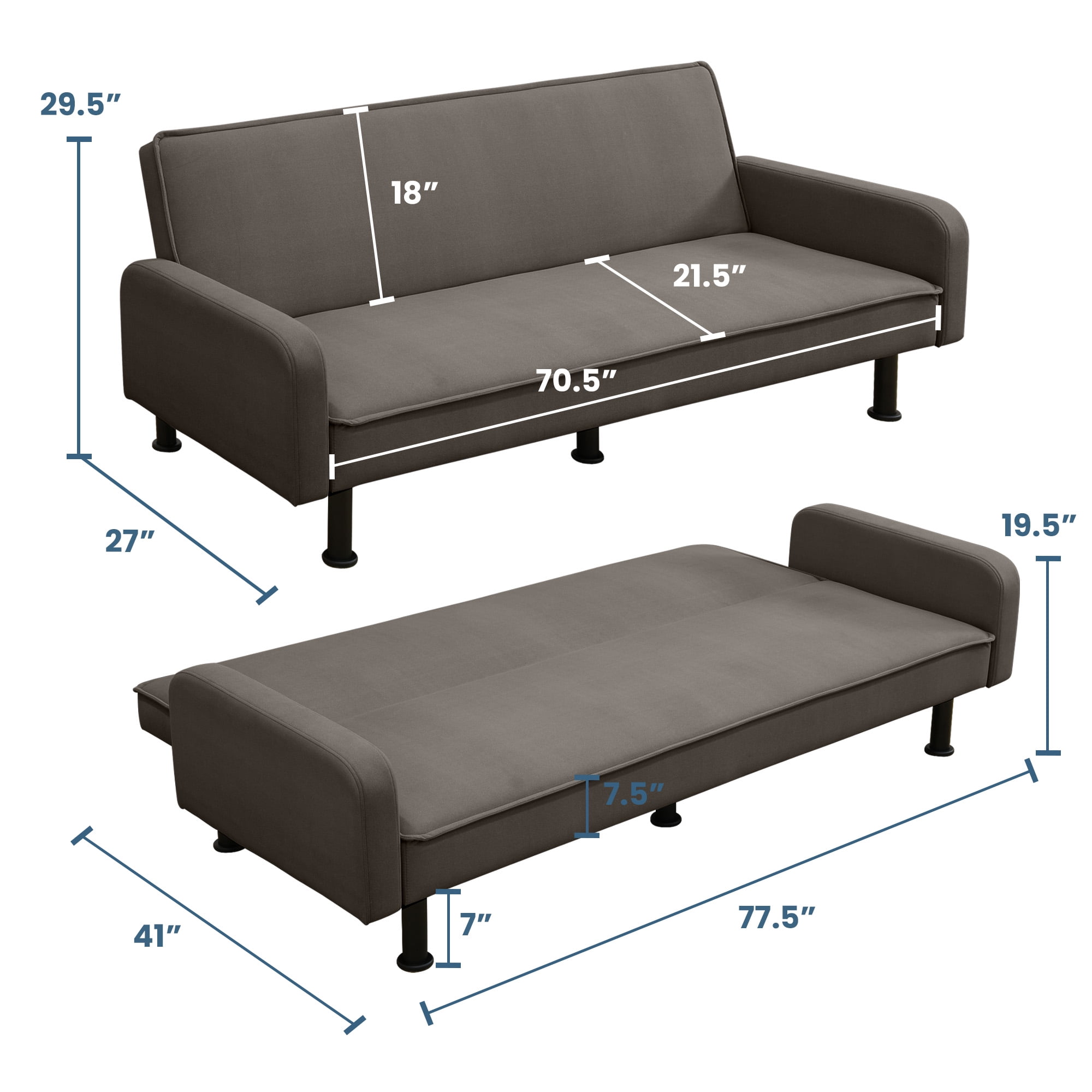 Aukfa 78" Square Arm Futon Sofa Bed Upholstered 3 Seat Couch for Home Office, Flannel, Brown