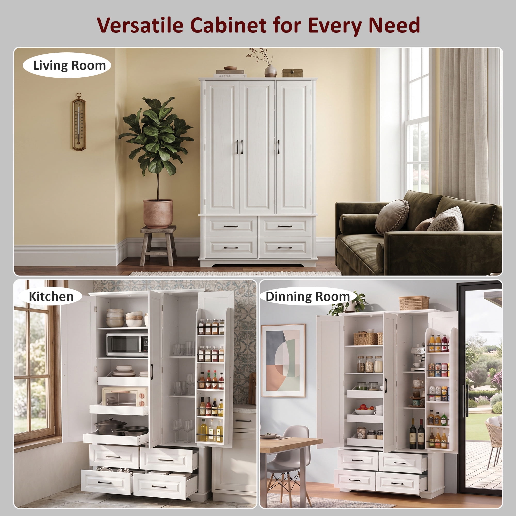 Euroco 72" Kitchen Pantry Storage Cabinet, Farmhouse Freestanding Cupboard Buffet with 3 Pull Out Tray, 5 Door Racks,4 Drawers and 3 Doors for Dining Room,White