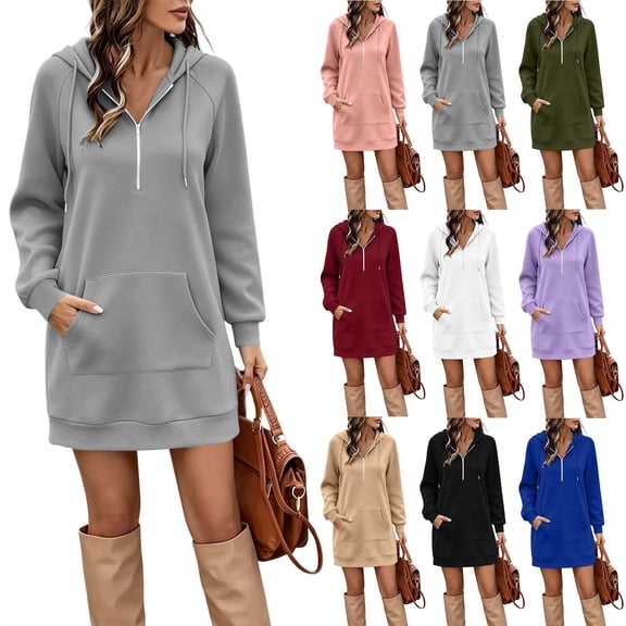 Women's Half Zip-Up Hoodies Dress Long Sleeve Mini Hooded Dresses Fall Fleece Lined Fashion Loose Dress With Pocket