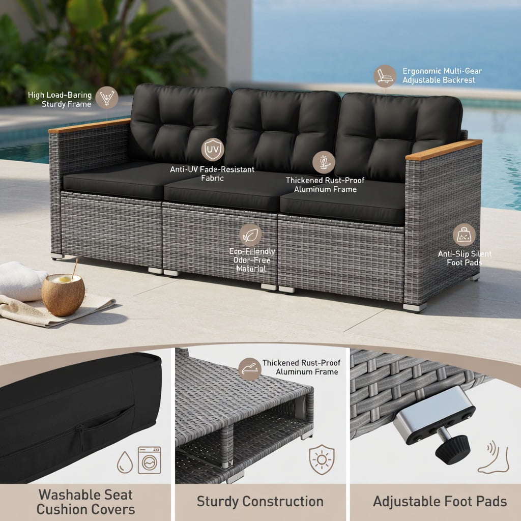 Hommoo 3-Seat PE Rattan Patio Sofa Set with Deep Seating, Removable Cushions & Acacia Wood Frame, Woven Outdoor Loveseat for Deck, Porch, Backyard, Black