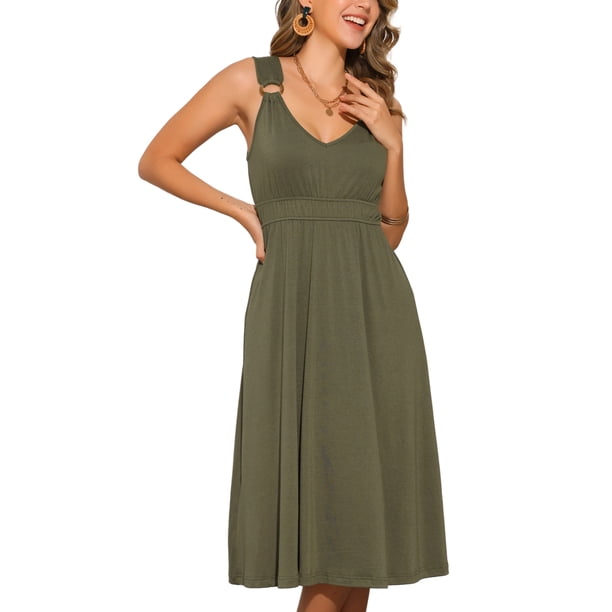 VESTIDO CASUAL MIDI SIN MANGAS CON ESCOTE EN V Y TIRANTES ANCHOS PARA MUJER INSPIRADO EN CHIC S VERDE EJÉRCITO