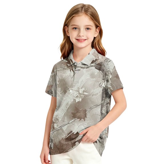 Kids Girls Short Sleeve Polo Shirt, Tree Leaf Camo Printed Polyester Top, Casual Outdoor Daily Wear Children Collared T-Shirt,Earthy Yellow,130