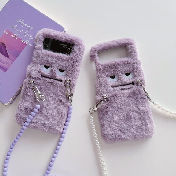 For Samsung Galaxy Z Flip4/Flip3/1/2 5G Phone Case，Shockproof Luxury Warm Plush Crossbody Purple Monster Case Cover,PC Slim Stand Cover