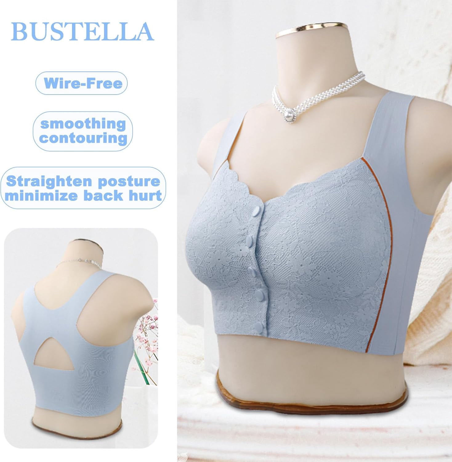 Bustella Front Closure Bras for Women - Button-Up Posture Corrector Bra, Seamless Cooling Comfort Bra with Side Support & Lift, Soft Nylon Spandex Fabric