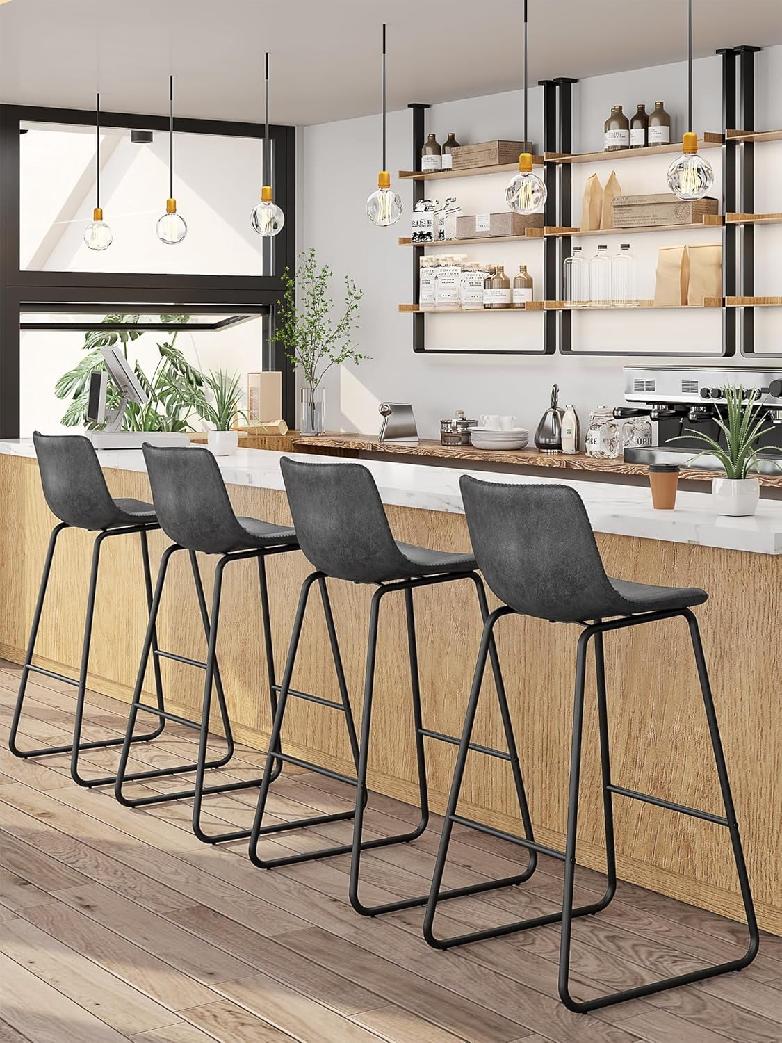 LainTene 30" Bar Stools Set of 2 – Faux Leather Counter Height Stools with Backrest & Footrest, Heavy-Duty Metal Frame for Kitchen, Bar, Living Room, Gray